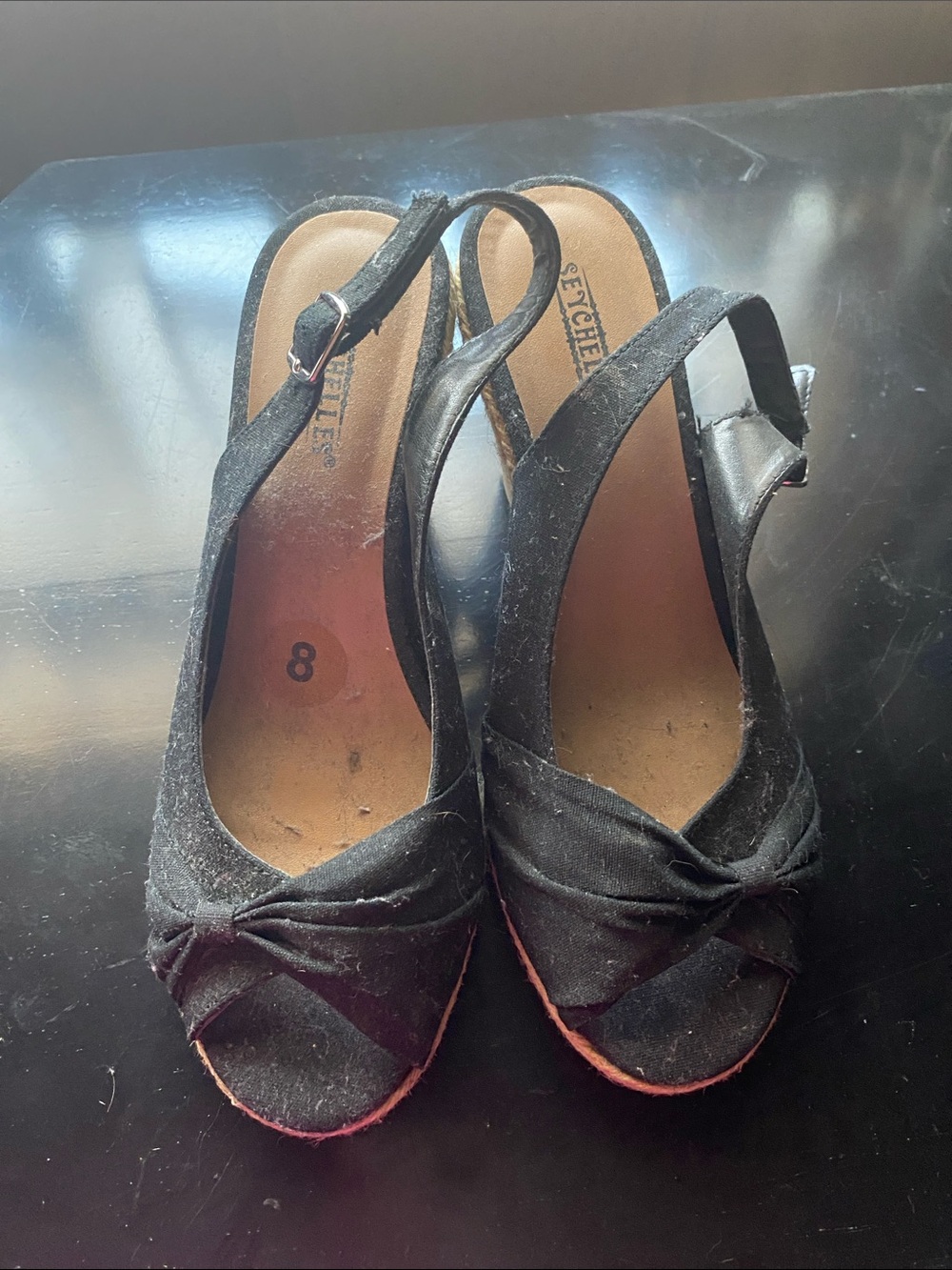 Seychelles Black Knot Peep-Toe Slingback Wedges